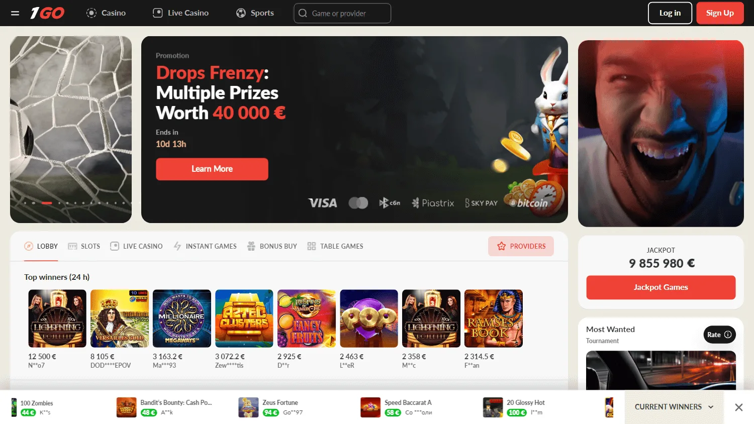 1go Casino desktop casino home screen
