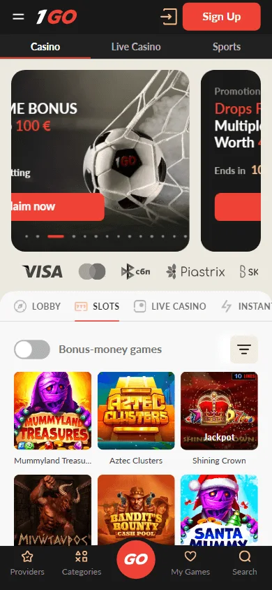 1go Casino mobile games screen