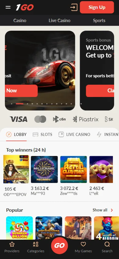 1go Casino mobile home screen