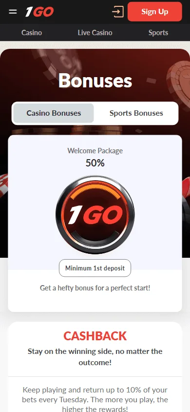 1go Casino mobile promotions screen